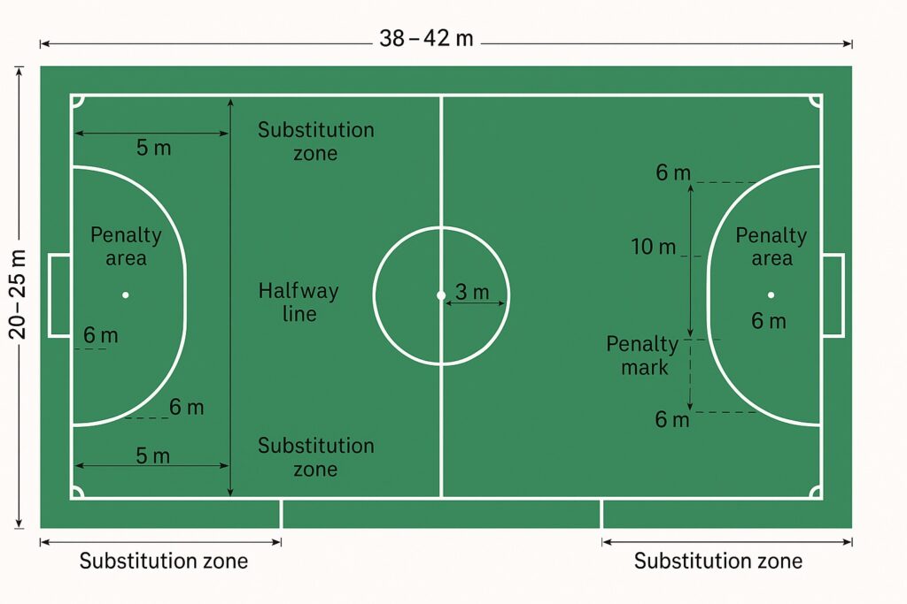 The image depicts the dimensions of a futsal court, featuring two longer boundary lines called touch lines and two shorter lines known as goal lines, all marked clearly on the playing surface. The court is divided into two halves by a halfway line, with key areas such as the penalty area and centre mark highlighted for reference in indoor soccer play.